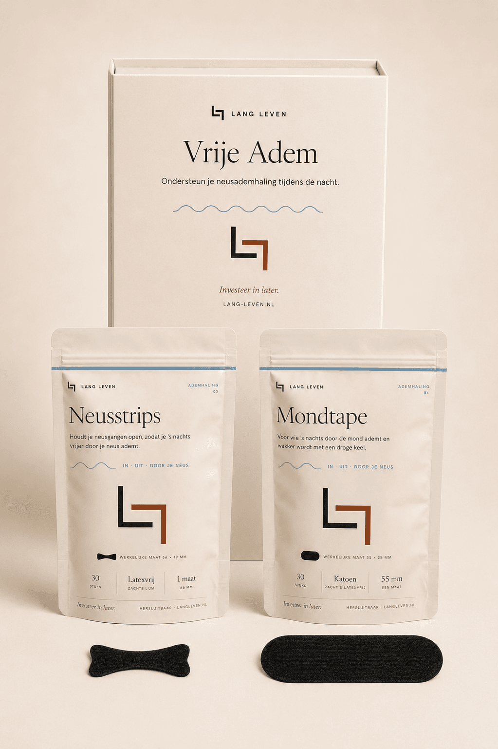 Vrije Adem, neusstrips en mondtape in een geschenkdoos